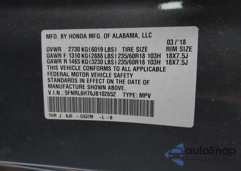 2018 Honda Odyssey Ex-L from USA, damaged, VIN 5FNRL6H76JB102652